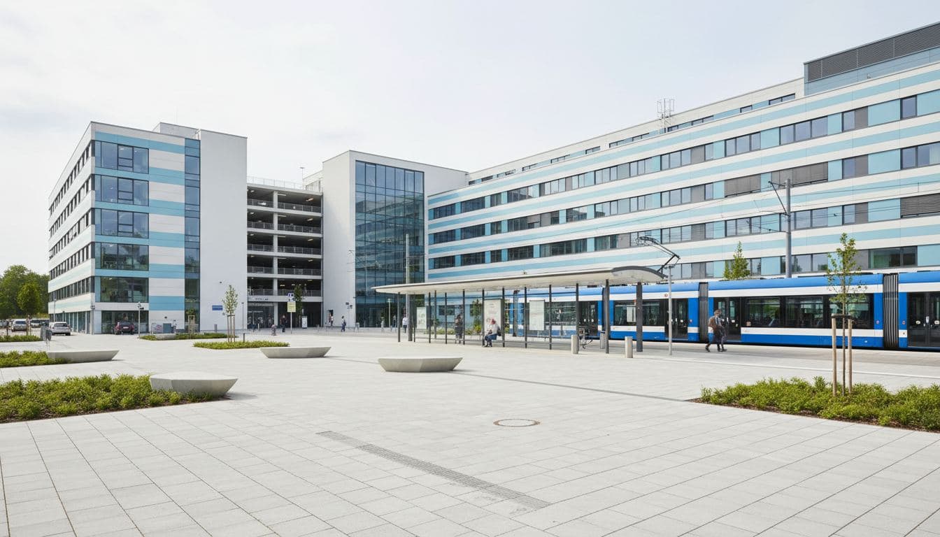 Parkhaus und Haltestelle am Klinikum