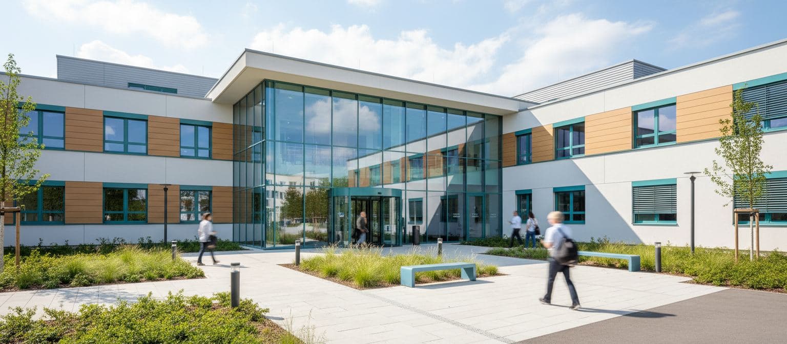Außenansicht des St.-Lukas-Klinikums mit hellem Glaseingang