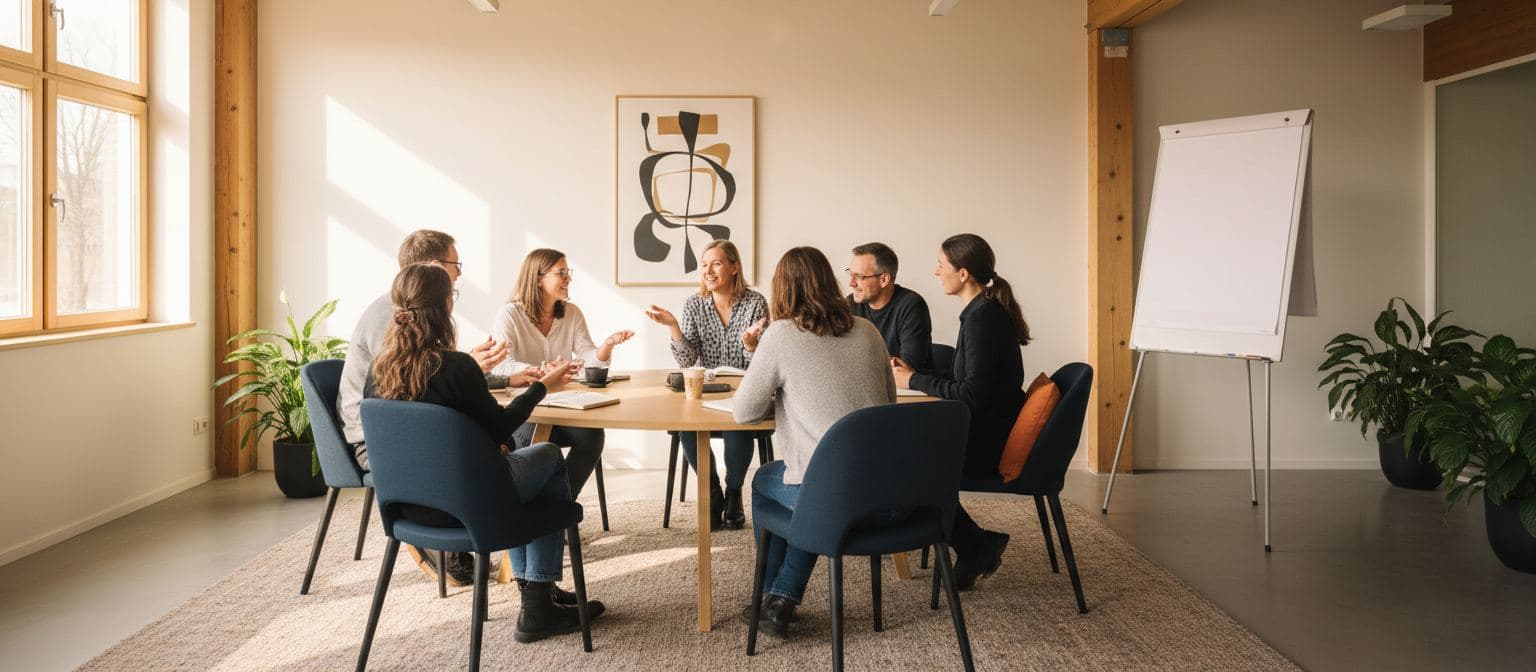 Workshop-Situation mit Team am Tisch, Notizen und Flipchart in hellem Raum