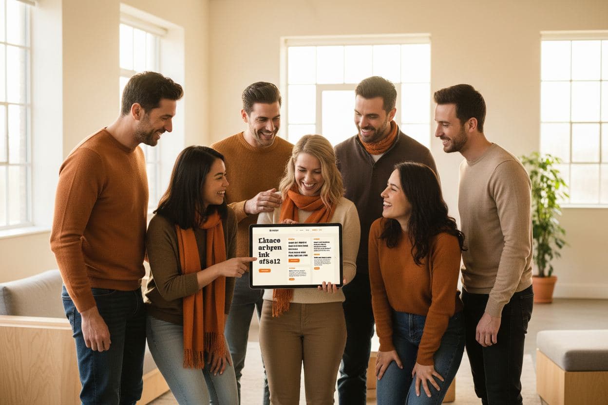 Team einer Kita oder Werkstatt bespricht sich vor einem Tablet mit Website-Entwurf