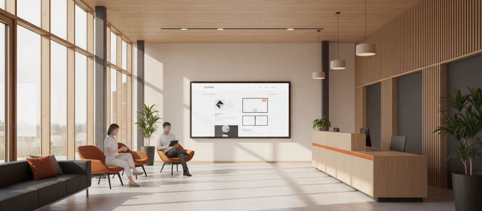 Modernes Büro einer sozialen Einrichtung mit hellem Empfangsbereich und Bildschirm